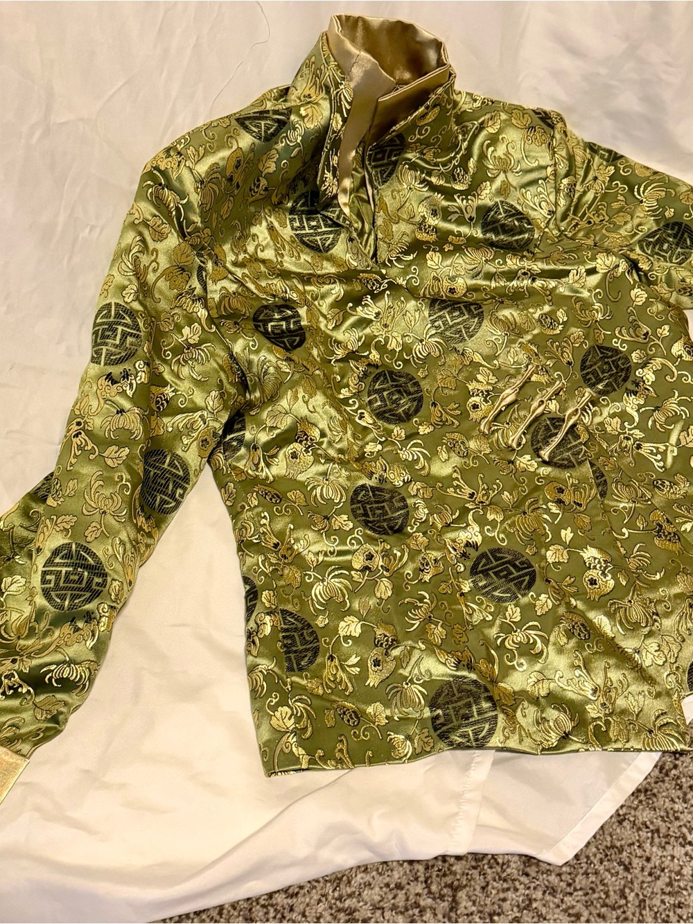 Olive Green Satin Brocade Mandarin Collar Top